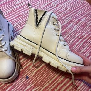 Blue and white lace up boots